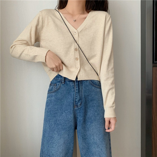 T-shirt women's Korean version small solid color jacket short cardigan V-neck with long sleeve sweater small simple student