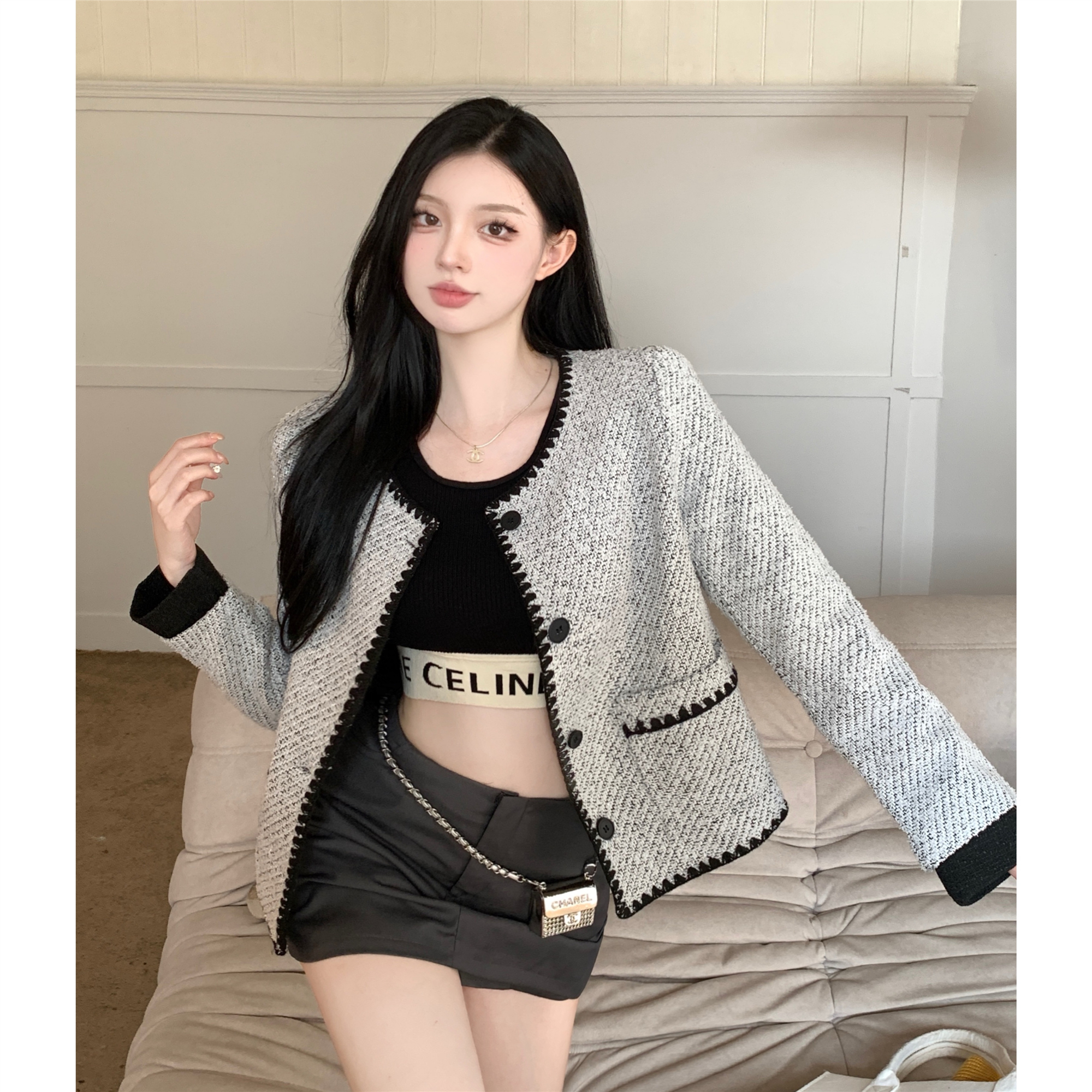 Real shot real price velvet Oreo small fragrance coat women's spring and autumn new French niche high-end top