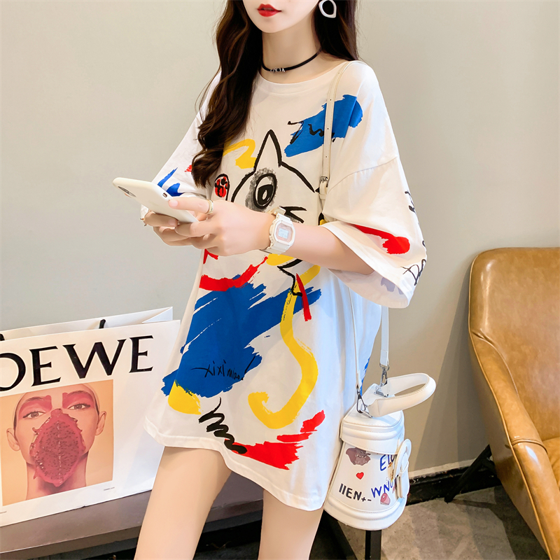 Real shot of pure cotton 2023 summer cat short-sleeved T-shirt retro art graffiti printing medium and long size female