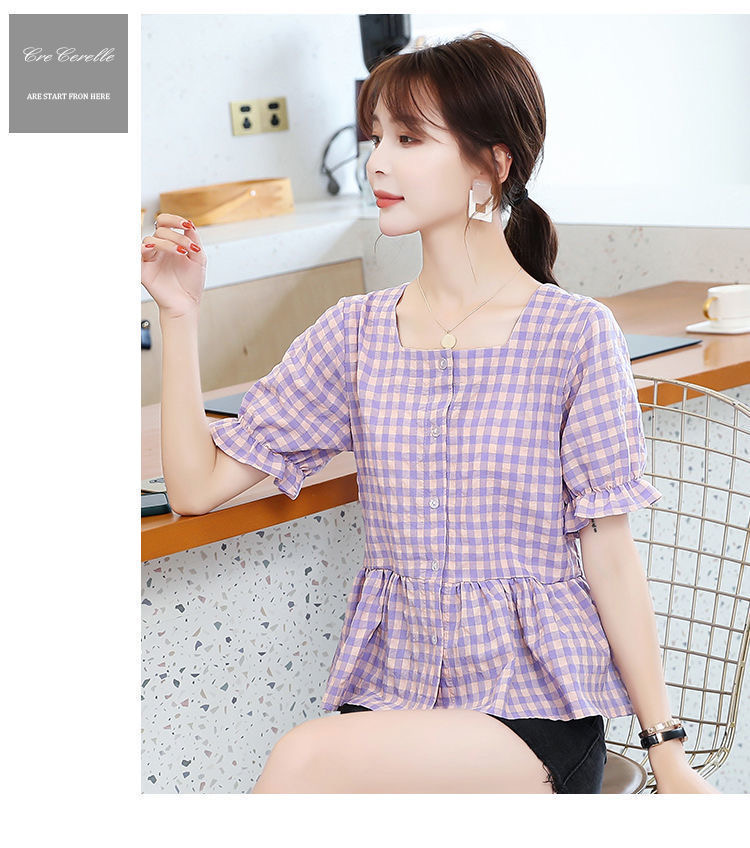 2022 summer large women's wear versatile Plaid Shirt fat sister mm waist sweet small shirt square collar shirt top