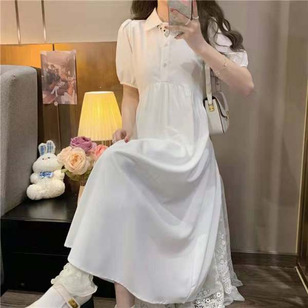 Spring and summer new French first love sweet bubble sleeve retro Hepburn wind fairy gas super fairy white dress female