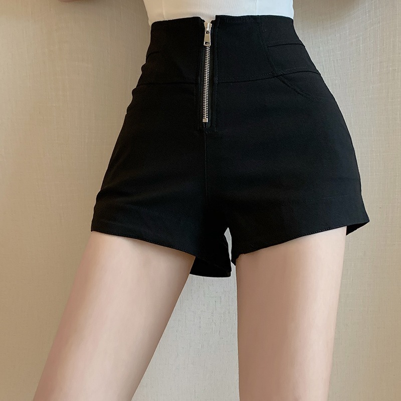 Summer new port style black casual zipper shorts women's fashion slim fit High Waist Wide Leg Pants slim pants