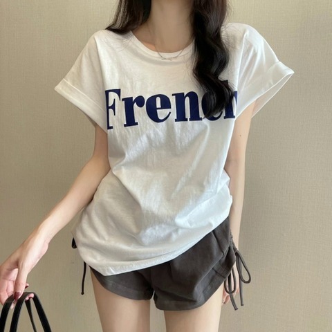 South Korea dongdamen  summer new fashionable letter print off shoulder design loose and thin short sleeve T-shirt women