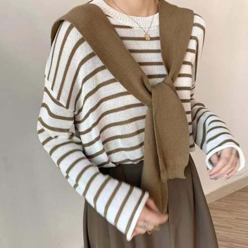 South Korea's Dongdaemun new Korean version of loose striped sweater long-sleeved + wild shawl two-piece top tide