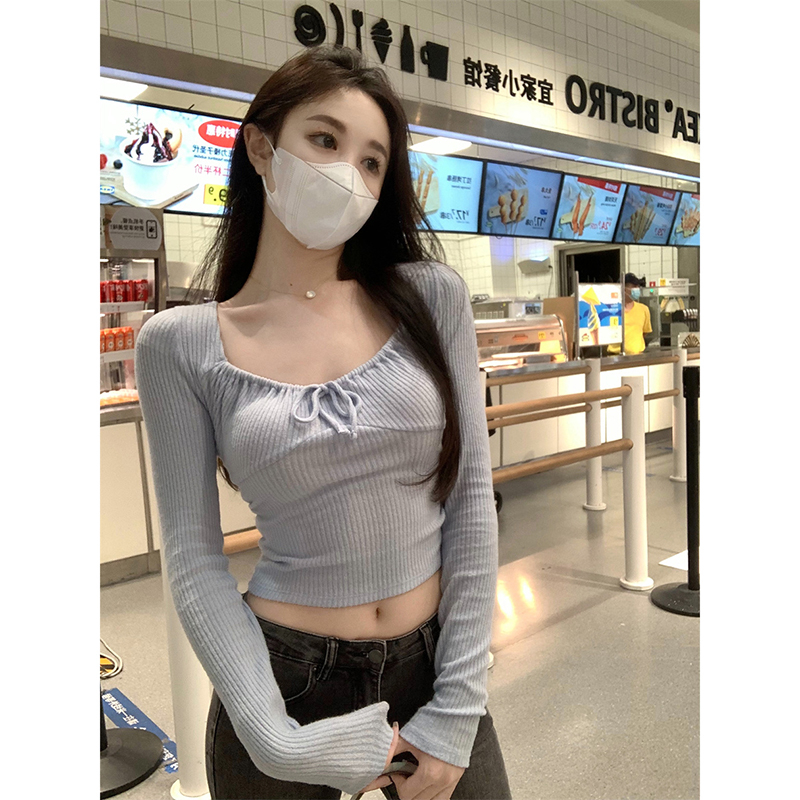 Ribbed pit corduroy super hot fashion early spring new hot girl square collar long-sleeved T-shirt bottoming shirt tide