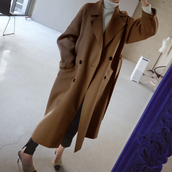 Autumn and winter new cashmere woolen coat women's medium long thickened loose Hepburn knee length tweed isn coat