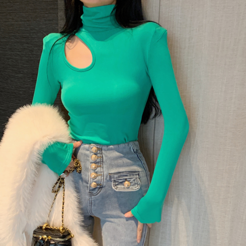 Real shot High-neck hollow design plus velvet thickened long-sleeved thin bottoming shirt