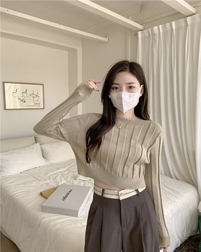 Real shooting real price Hot girl style all-match pit strip solid color outer sweater high waist short knitted sweater