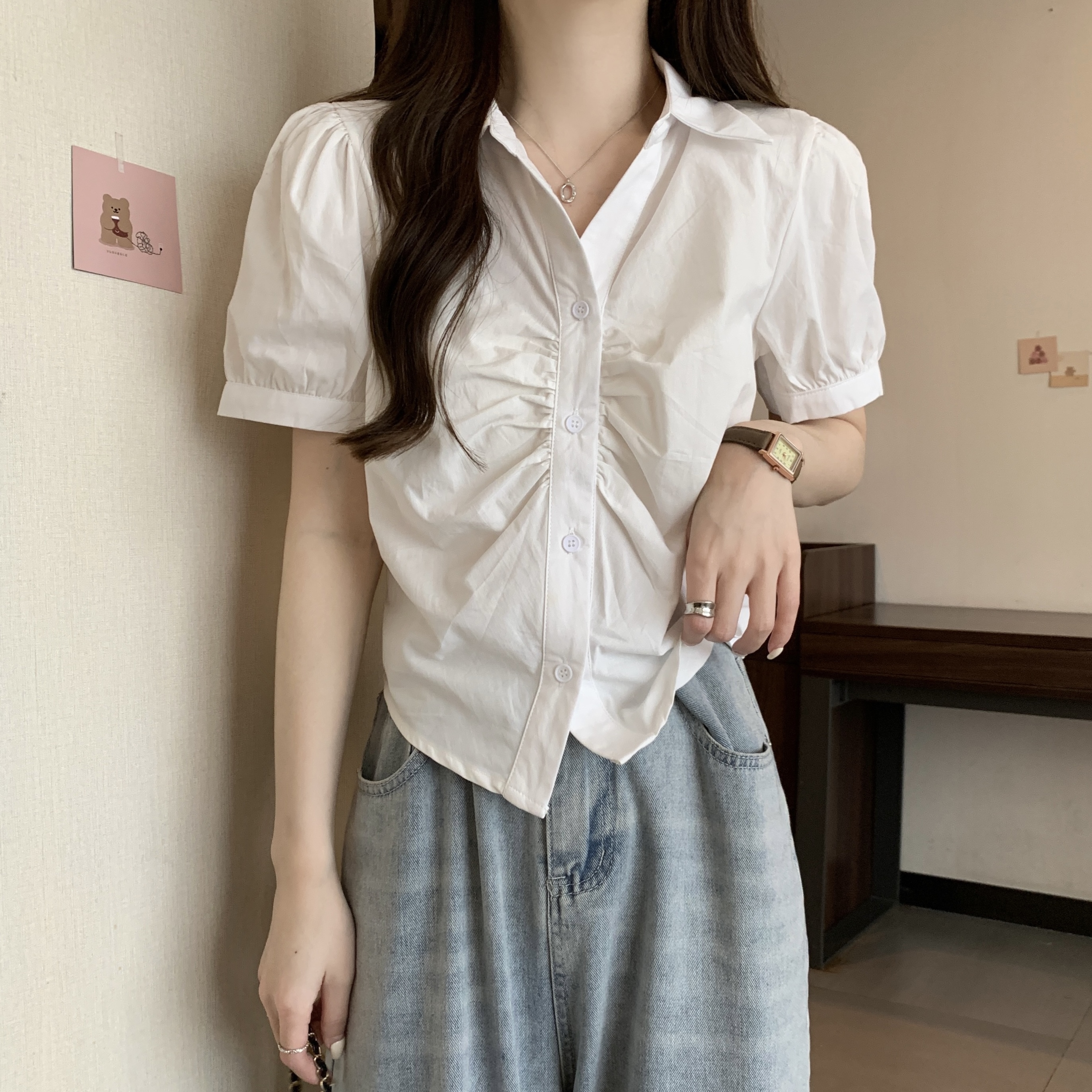 Real shot Summer design sense pleated short shirt 2023 Korean style foreign style Polo collar bubble short-sleeved shirt female