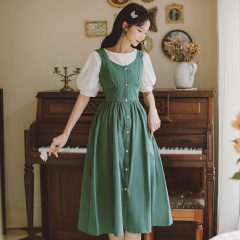 Real simple single breasted solid color suspender skirt