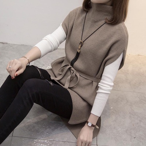 Half high neck medium length sweater shoulder women's Pullover 2020 spring and autumn new loose lazy style foreign style knitted vest