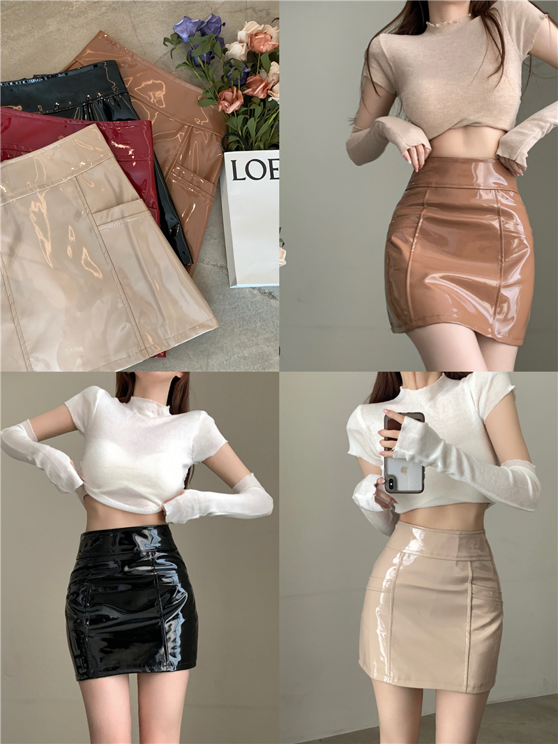 Real shot real price High waist, thin and bright leather A-line skirt