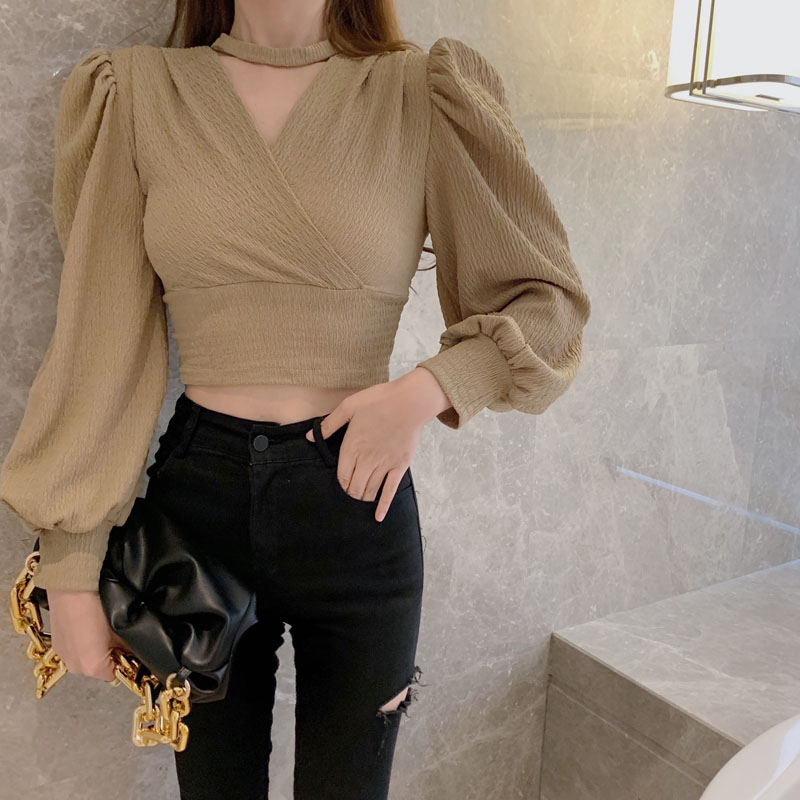 Real shot French fashion halter neck careful machine long-sleeved lantern sleeves all-match thin top