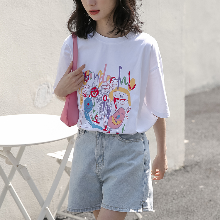 Real shot 2023 summer new graffiti printing pattern short-sleeved t-shirt women's loose casual round neck cotton T-shirt