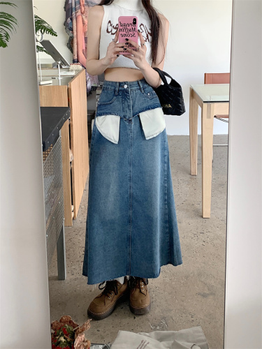 Real shot raw edge high waist denim skirt women's mid-length spring pear-shaped body wear tall a-line skirt