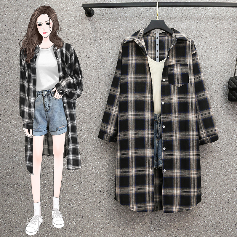Large port Style Long Sleeve Plaid medium length shirt women's loose lazy shirt coat