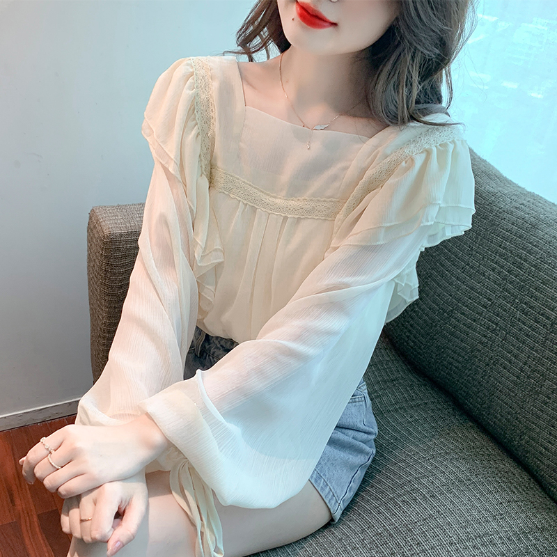 Real shot 2023 spring new air square collar chiffon shirt puff sleeve gentle small shirt sunscreen shirt top