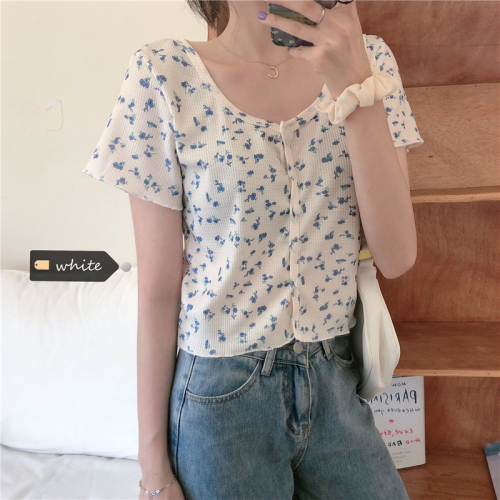 Real photo real price summer new Korean Slim small floral round neck short sleeve cardigan women's top