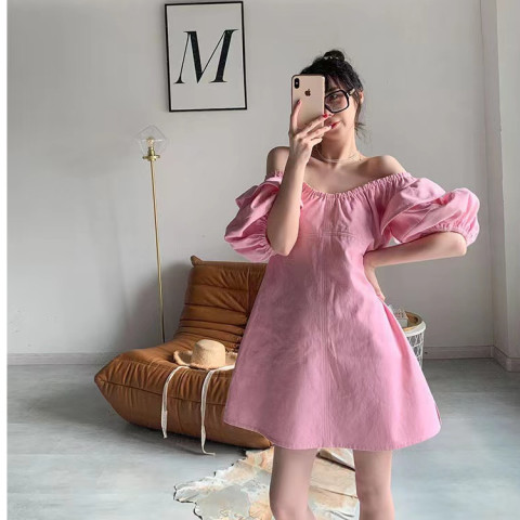 2023 Temperament one-shoulder backless dress women's summer Korean version with puff sleeves with ruffles and thin tube top skirt
