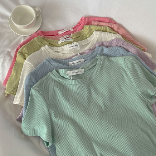 2023 Design Sense Niche Round Neck Threaded Short-sleeved T-Shirt Women's Summer Dress
