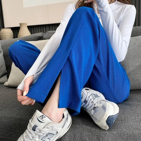 Front split floor mop women's 2022 spring and summer new high waist micro flared pants blue tall and small flared pants women's fashion