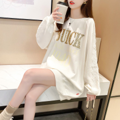 Real shot 2021 spring Korean loose cotton round neck lace sequins medium length large women's thin sweater