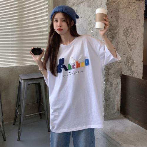 Real shot short sleeve T-shirt women's towel embroidery medium length loose half sleeve top summer