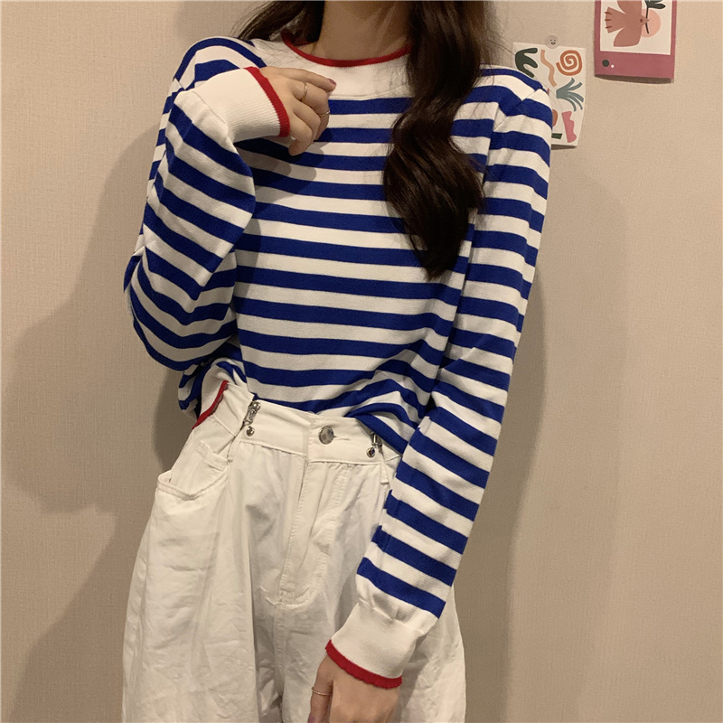 Real price shooting ~ new autumn and winter striped T-shirt with round neck and long sleeve for women's loose and thin, bottom and slim