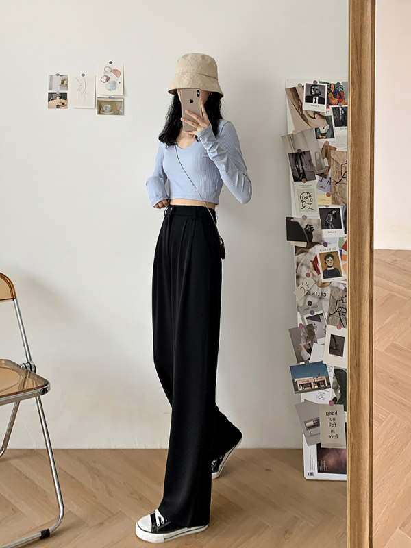 Women's suit wide leg pants spring and summer new mop floor high waist down feeling straight tube show thin women's pants