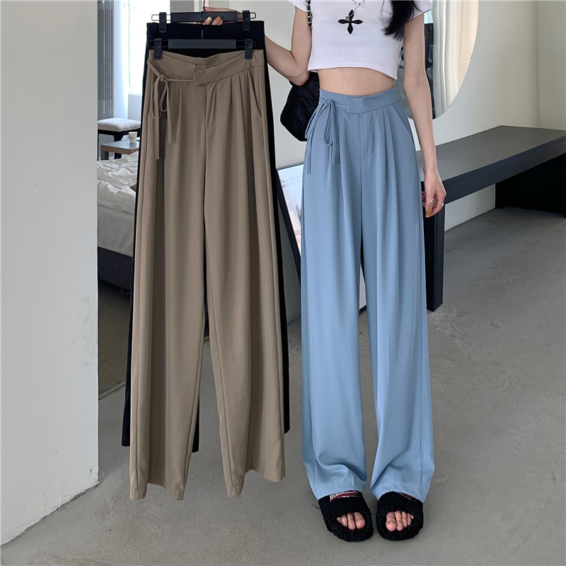 Mop pants casual pants women spring and summer Korean version of 2022 new lazy wind high waist slim rope wide leg pants ins