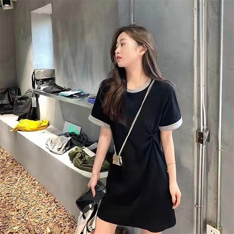 Combed cotton design waist closing T-shirt skirt children's aging foreign style black casual skirt dress summer