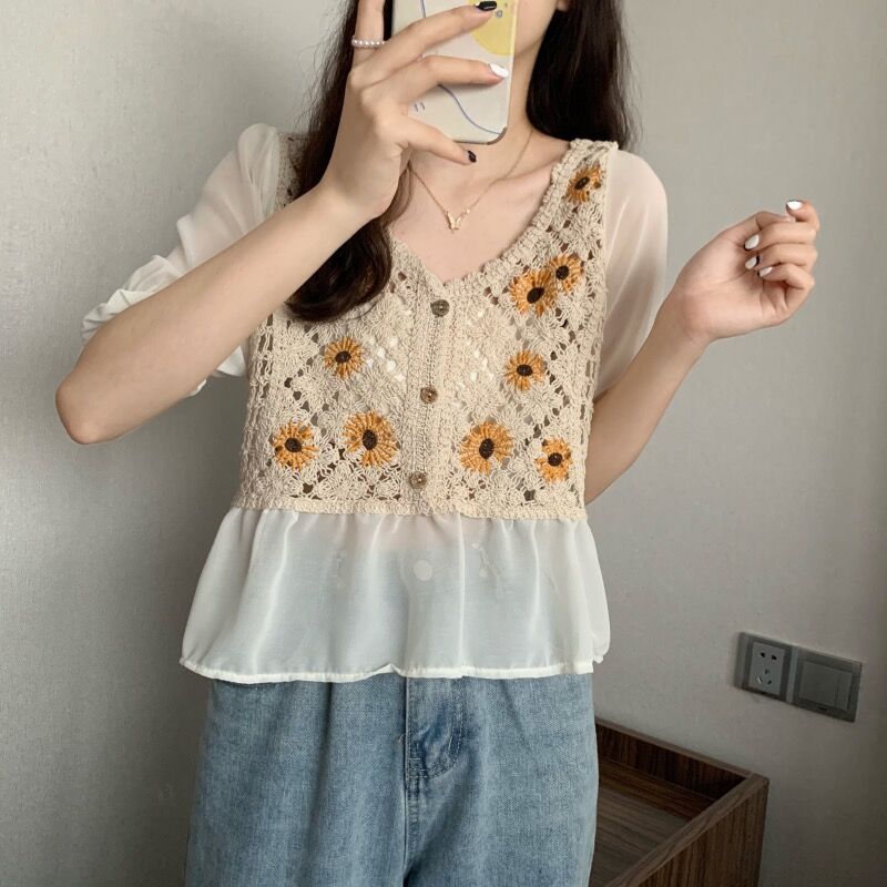 Korean retro Daisy embroidery stitching Chiffon Top Design