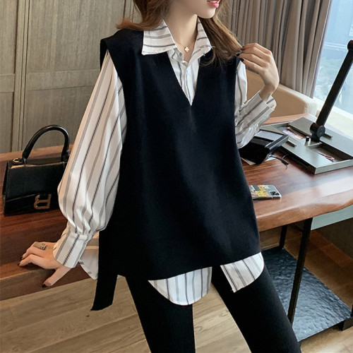 Autumn new collar vertical stripe shirt black knitted vest two piece Fashion Top