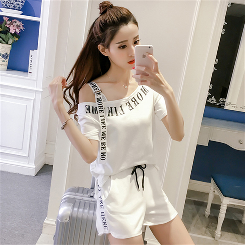 Summer new fashion suit women's loose casual off shoulder patching top wide leg shorts two piece insert