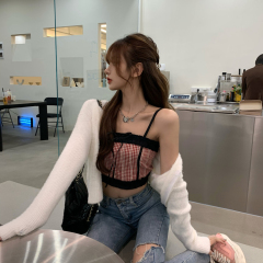 Real shot real price Korean version of autumn sweet fungus edge Plaid sling short open navel Vest + versatile zipper Plush knitted sweater cardigan