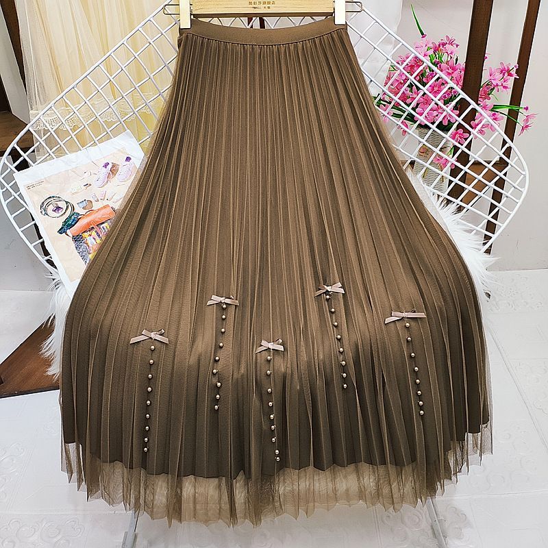 Bow beaded mesh skirt reversible skirt women's spring and autumn high waist pleated skirt mid-length a-line skirt long skirt
