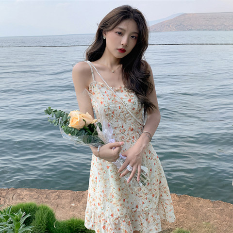 French minority embroidery Chiffon floral skirt suspender skirt women's summer pure desire wind fungus edge dress A-shaped short skirt