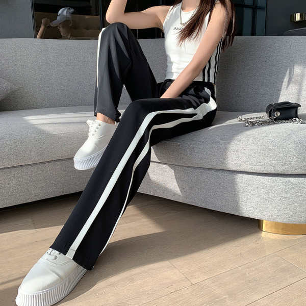 Black and white striped wide legged pants women's high waist slim draped sweatpants summer Hong Kong style straight pants loose floor pants