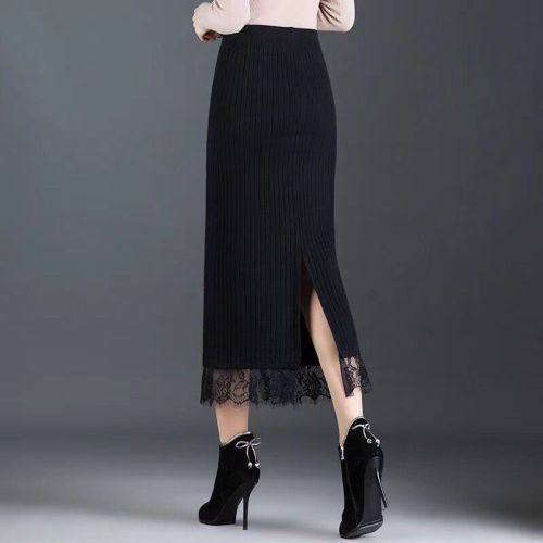Lace knitted half skirt autumn and winter high waist show thin, medium length split buttock one-step skirt thickened wool long skirt