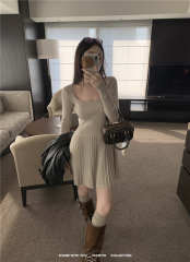 Actual shot French minimalist style square neck knitted dress autumn new slim fit waist slimming inner skirt