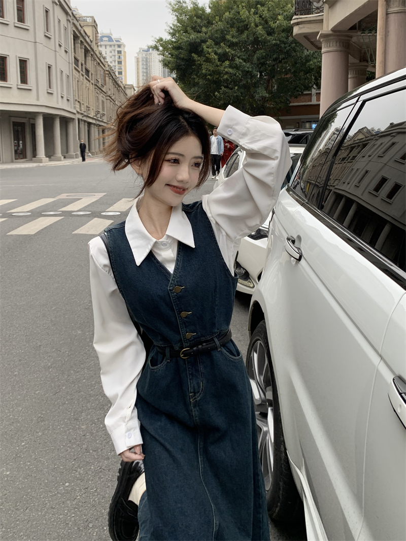 2023 new denim suspender dress, waist slimming vest dress, white shirt two-piece set