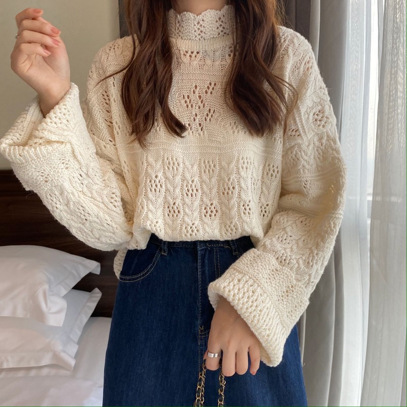 Real price real shot new French design jacquard wisp loose loose half high collar loose knit top