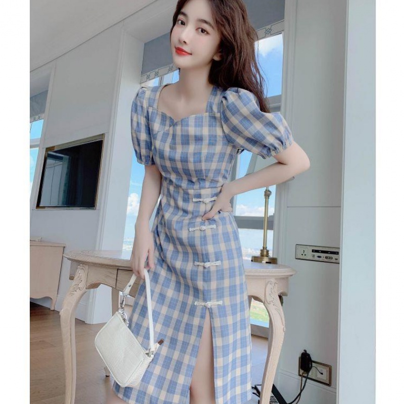 Dress new summer Plaid mid long modified cheongsam with side split sleeve and high waist girl Plaid