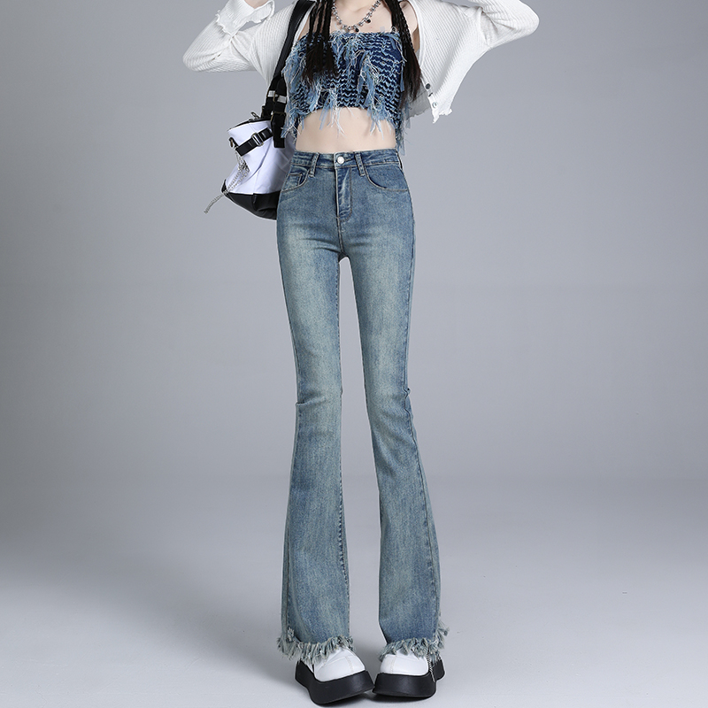 Real shot new high street retro tassel high waist flared jeans women & long trousers
