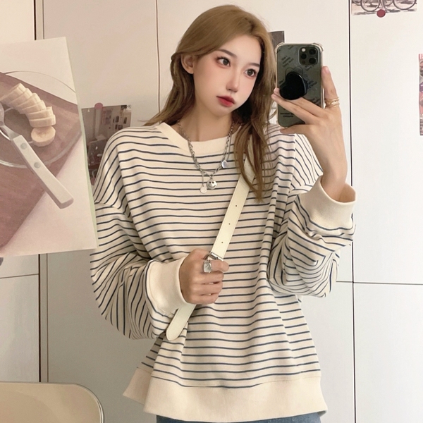 Real price thin women's round neck stripe