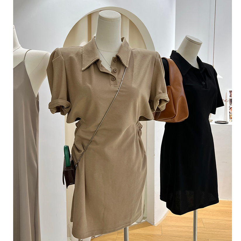 Piqué 2023 summer polo collar dress niche design shoulder pads hollow heart machine skirt