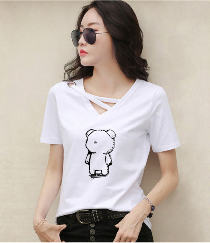 2023 summer short-sleeved T-shirt female V-neck loose Korean version black top casual ins compassionate shirt trend