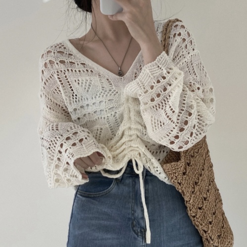Spot Korean chic hollow out blouse V-neck drawcord exposed navel aging fashion long sleeve ice silk sweater women