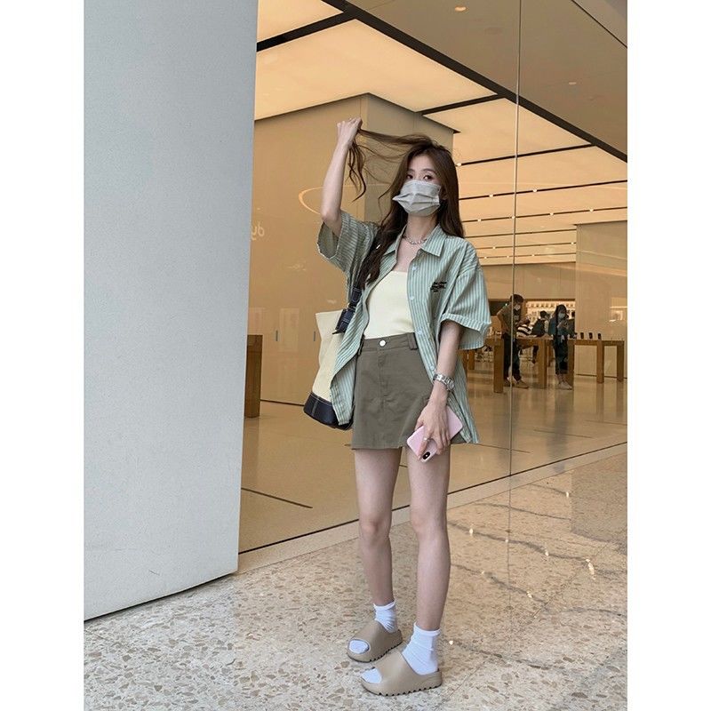 Vertical striped shirt short-sleeved women's summer design sense niche loose temperament shirt thin cardigan unique chic top