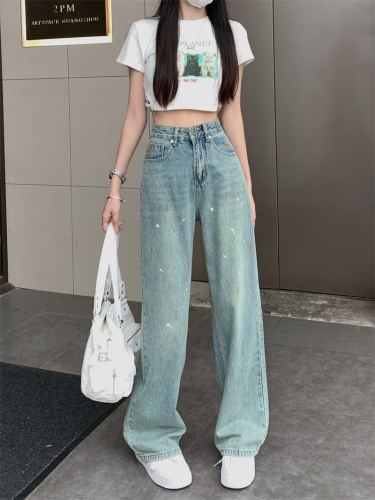 Real shots of American retro high street washed old jeans women's spring and autumn slim straight design niche wide-leg pants